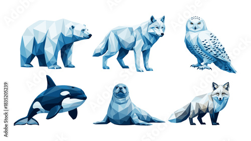 Geometric arctic animals: polar bear, wolf, seal, whale, owl, and fox