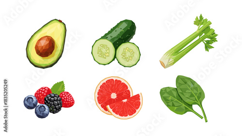 Geometric low poly fruits and vegetables collection with avocado and celery