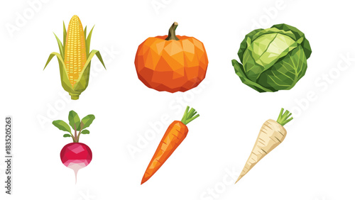 Low poly vegetables collection with corn, pumpkin, cabbage, carrot, and radish