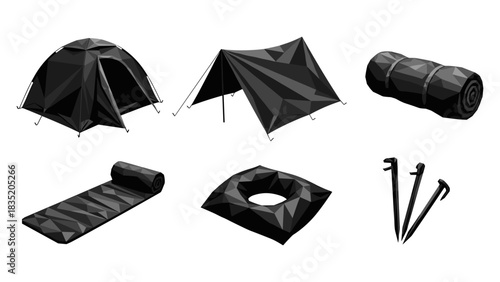 Geometric camping gear set featuring tents and equipment in low poly style