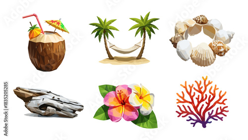 Low poly tropical scene with palm trees, coconut, shells, and flowers