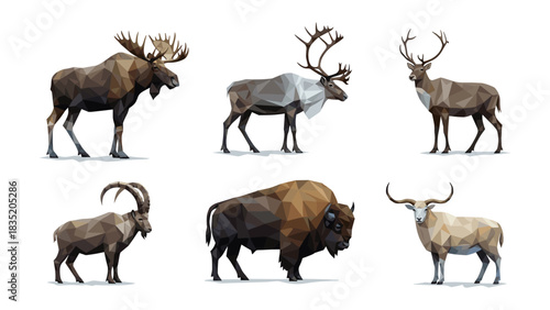 Geometric polygonal design of various wild animals with detailed shapes and unique patterns