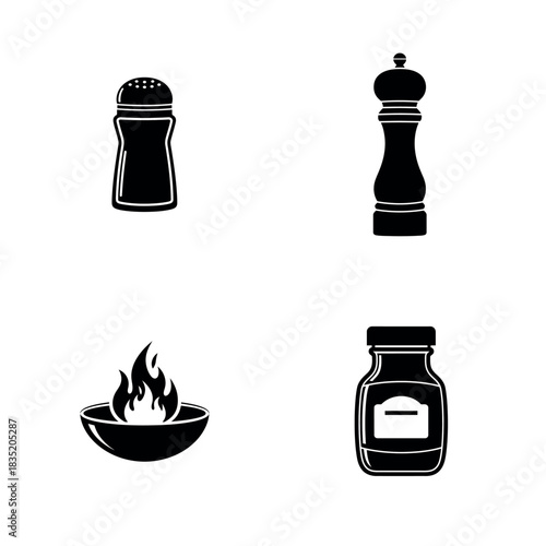 Illustration of salt shaker pepper grinder fire bowl and a spice jar in black silhouette