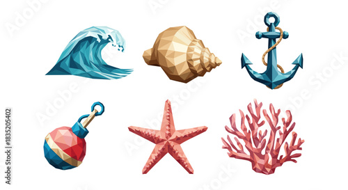 Low poly marine icons: seashell, anchor, coral, wave, starfish, buoy