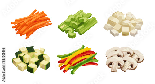 Fresh vegetable slices: carrot, celery, potato, zucchini, pepper, mushroom