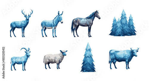 Low poly forest animals and trees collection in blue tones