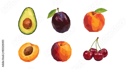 Geometric low poly fruits set featuring avocado, plum, apricot, peach, and cherries