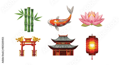 Low poly asian icon set with bamboo, koi fish, lotus, dragon gate, pagoda, lantern