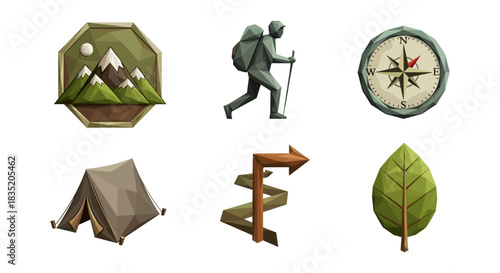 Geometric hiking and camping set with compass and nature icons