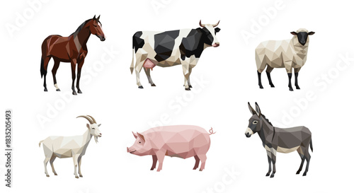 Low poly farm animals collection: horse, cow, sheep, goat, pig, donkey