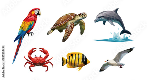 Colorful low poly animals: parrot, turtle, dolphin, crab, fish, and seagull