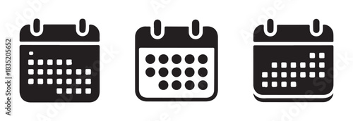 Set of three black calendar icons, each displaying a grid of squares representing days on a white background