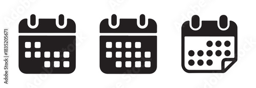 Three distinct black calendar icons, one with folded corner, displaying various day configurations on white background