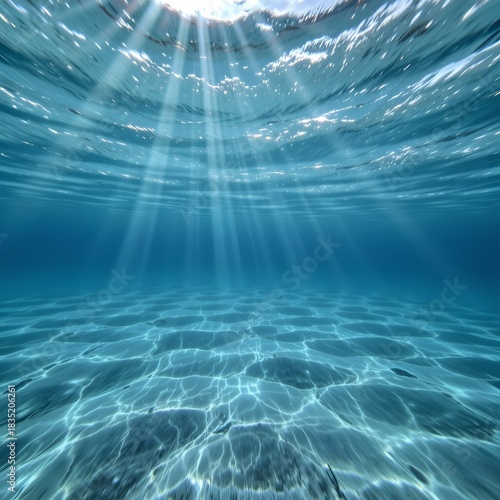 Underwater Scene with Sunlight Rays Illuminating the Clear Blue Ocean Surface