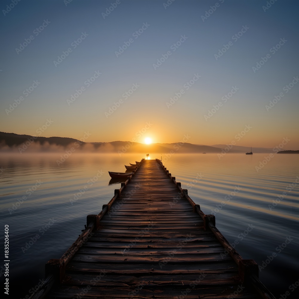 Obraz premium Scenic Wooden Pier Over Calm Water at Sunrise with Reflection and Mist in the Distance