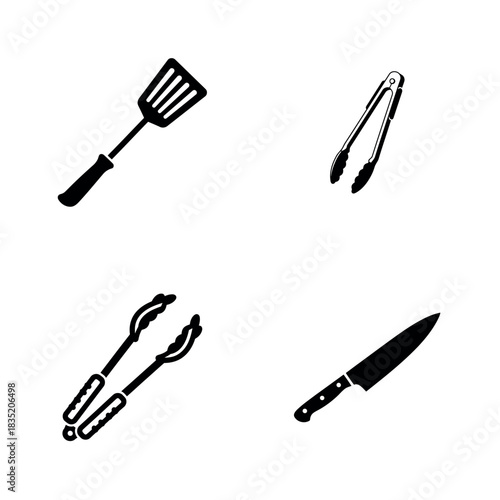 Illustration of kitchen tools including spatula tongs and knife on white background silhouette