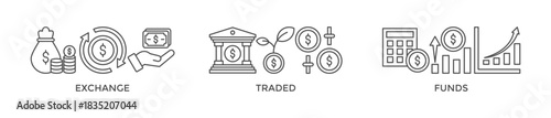 ETF banner web icon vector illustration concept Exchange Traded Funds Stock Market Investment with icon of money, cash flow, trading, transaction, bank, accounting, and growth