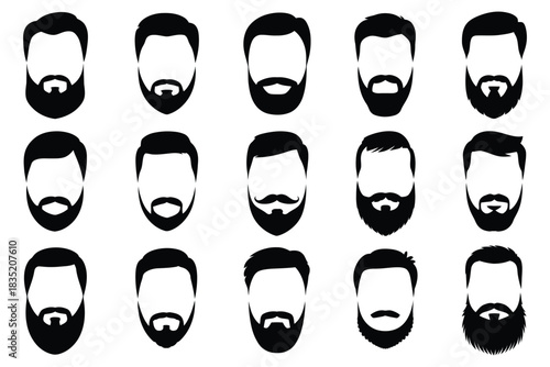 Beard Styles Collection, a detailed vector set showcasing diverse men’s beard shapes, modern facial hair trends, grooming designs, and stylish hair fashion elements for professional illustration.