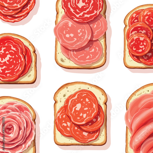 Vsai salami, pepperoni, ham, and sliced meats on bread illustration