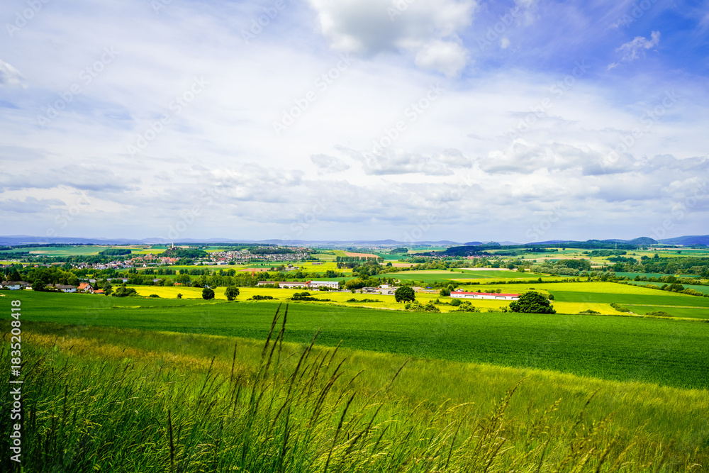 Fototapeta premium View of the green landscape with fields and meadows near Felsberg. 