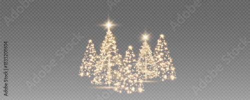 Christmas tree, sparkling lights in the shape of a fir tree on a transparent background. New Year tree made of glowing lights, gold, white, blue, green, vector, png.