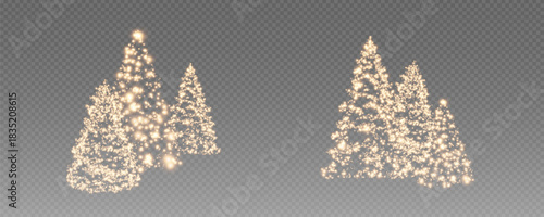 Christmas tree, sparkling lights in the shape of a fir tree on a transparent background. New Year tree made of glowing lights, gold, white, blue, green, vector, png.