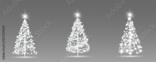 Christmas tree, sparkling lights in the shape of a fir tree on a transparent background. New Year tree made of glowing lights, gold, white, blue, green, vector, png.
