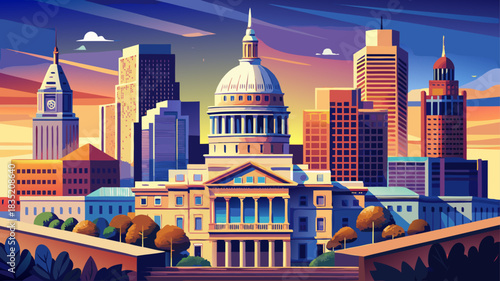 Very beautiful stylized vector illustration of Austin’s skyline highlights clean architectural lines, the prominent capitol dome, and balanced shapes perfect for travel guides, posters, and modern 