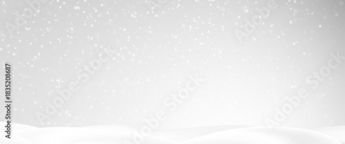Snowdrifts, winter background for banners, advertising, and postcards. Winter landscape with snow-covered hills, falling snow, blizzard, snowstorm, vector, 3D effect.