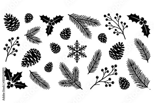 set of leaves,
Hand-Drawn Winter Botanical Silhouettes.
Pine Cones, Holly Leaves, Pine Branches & Berries Collection