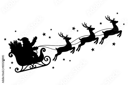 santa claus sleigh,
Santa Claus Sleigh Silhouette Vector.
Flying Reindeer, Gifts & Stars Christmas Illustration