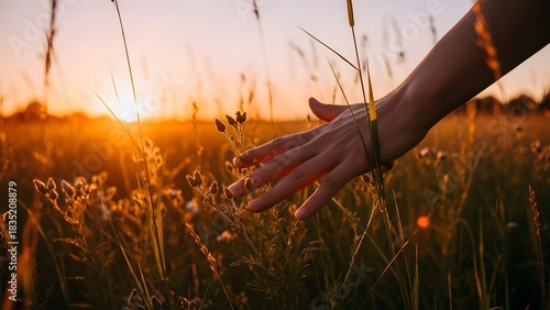Fototapeta Naklejka Na Ścianę i Meble -  Hand touching grass at sunset warm light nature connection and peaceful summer scene