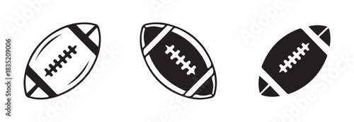 Set of three american football ball icons with different line styles isolated on white background, vector illustration