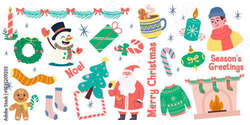 Winter holiday elements collection. Cheerful Christmas elements and cozy decorations