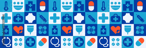 Abstract hospital mosaic pattern with geometric doctor and healthcare elements.