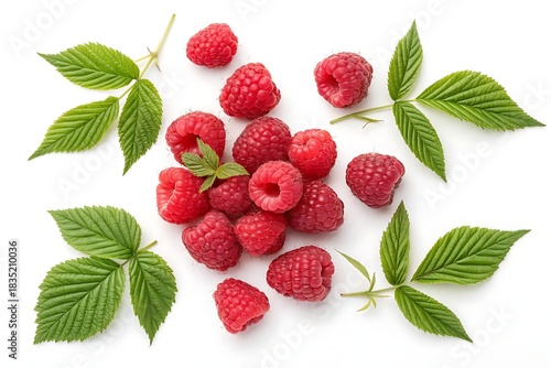 Juicy ripe raspberries featuring rich red tones and leaf detail isolated on white background from above, suitable for food ads and wellness visuals.
