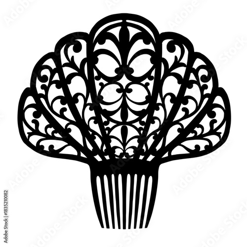 Hair comb in openwork silhouette of a traditional Spanish,classic accessory for Flamenco dance and cultural dress.Vector illustration black and white for event branding,cultural projects,fashion