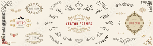 Hand drawn frames, labels and logos. Classic calligraphy swirls, swashes, dividers, floral motifs. Good for greeting cards, wedding invitations, branding, graphic design, packaging, stickers.