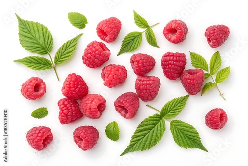 Juicy ripe raspberries featuring rich red tones and leaf detail isolated on white background from above, suitable for food ads and wellness visuals.
