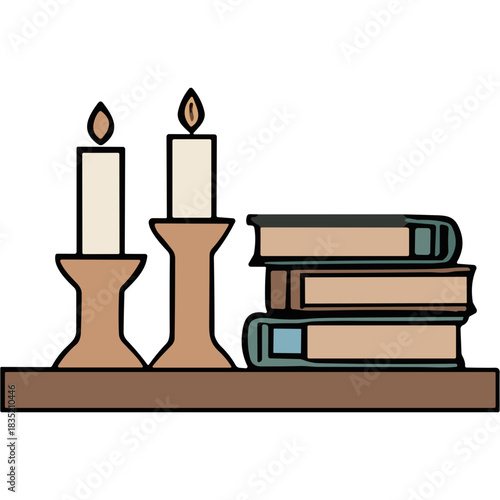 Two lit candles in wooden holders and a stack of books on a wooden shelf with a warm ambient glow evoking a cozy and studious atmosphere perfect for reading or relaxation