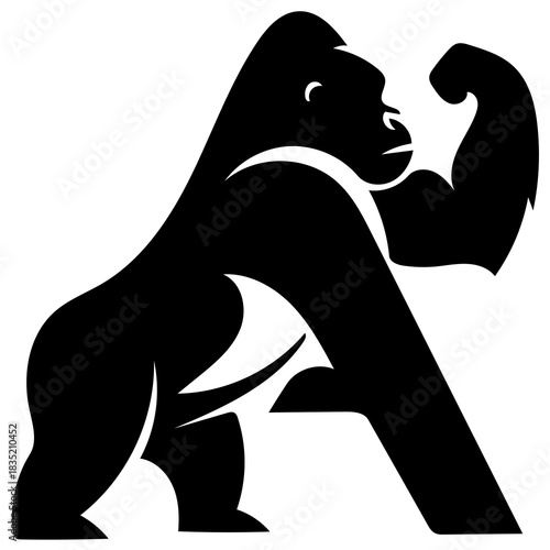 Powerful gorilla flexing muscular arm, a bold symbol of strength and determination perfect for fitness and sports brands