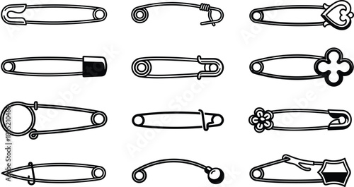 Vector Silhouettes Collection of Decorative and Functional Safety Pins, including a Round Pin, a Flower, and a Clover Shape for Sewing, Jewelry, and Craft Designs.Vector Silhouettes 