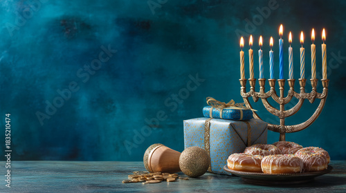A hanukkah menorah with lit candles presents and donuts on a table top
