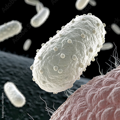 Microscopic view of bacteria interacting with a cell surface