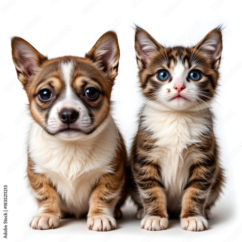 Obraz premium Cute Puppy and Kitten Sitting Together with Expressive Faces Against a White Background