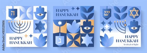 Hanukkah vector illustrations.Festive backgrounds with menorah,dove,hamsa,gift,dreidel,David star in blue,gold and white colors.Jewish festival of lights greetings for prints,covers,invitations.