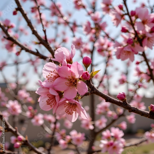 Delicate Cherry Blossom Branch with Pink Flowers in Full Bloom Against a Clear Blue Sky