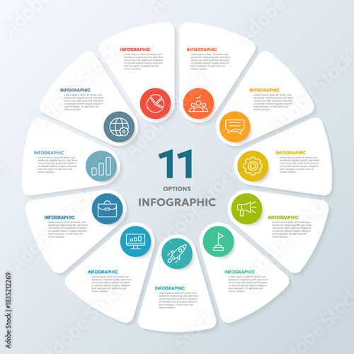 11 circle infographic options. Modern infographic design with business icons.