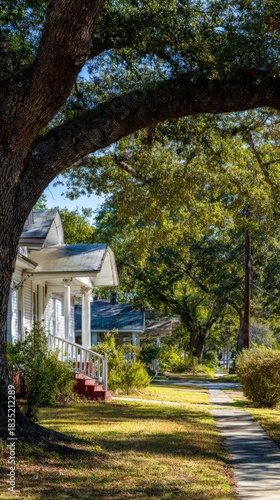 antebellum. Historic southern homes under ancient oak trees in a district. real-estate listings, architecture portfolios, designed for real-estate listing and luxury residence showcases.
