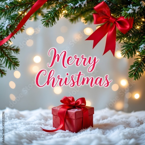 Festive Christmas Decoration with Red Gift Box Under Pine Tree and Soft White Snow Background